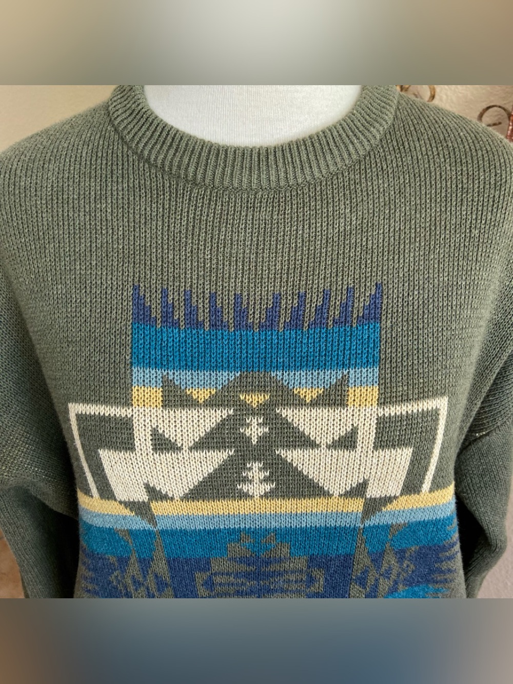 Sweater - Pullover - Pendleton - Bottle Green - Chief Joseph Pattern Front - L - Picture 3 of 9